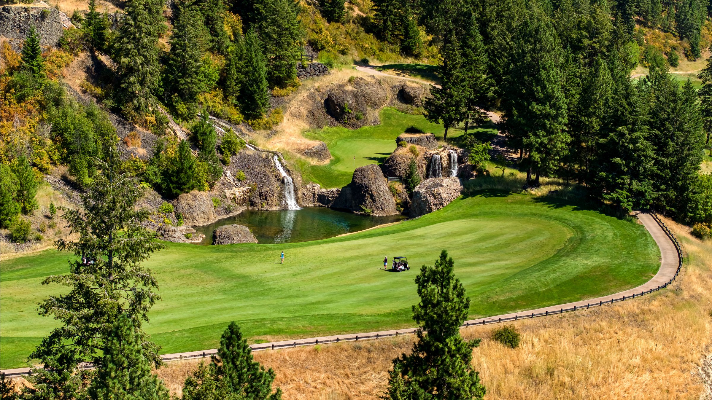 The dramatic waterfall hole at The Club at Black Rock golf course