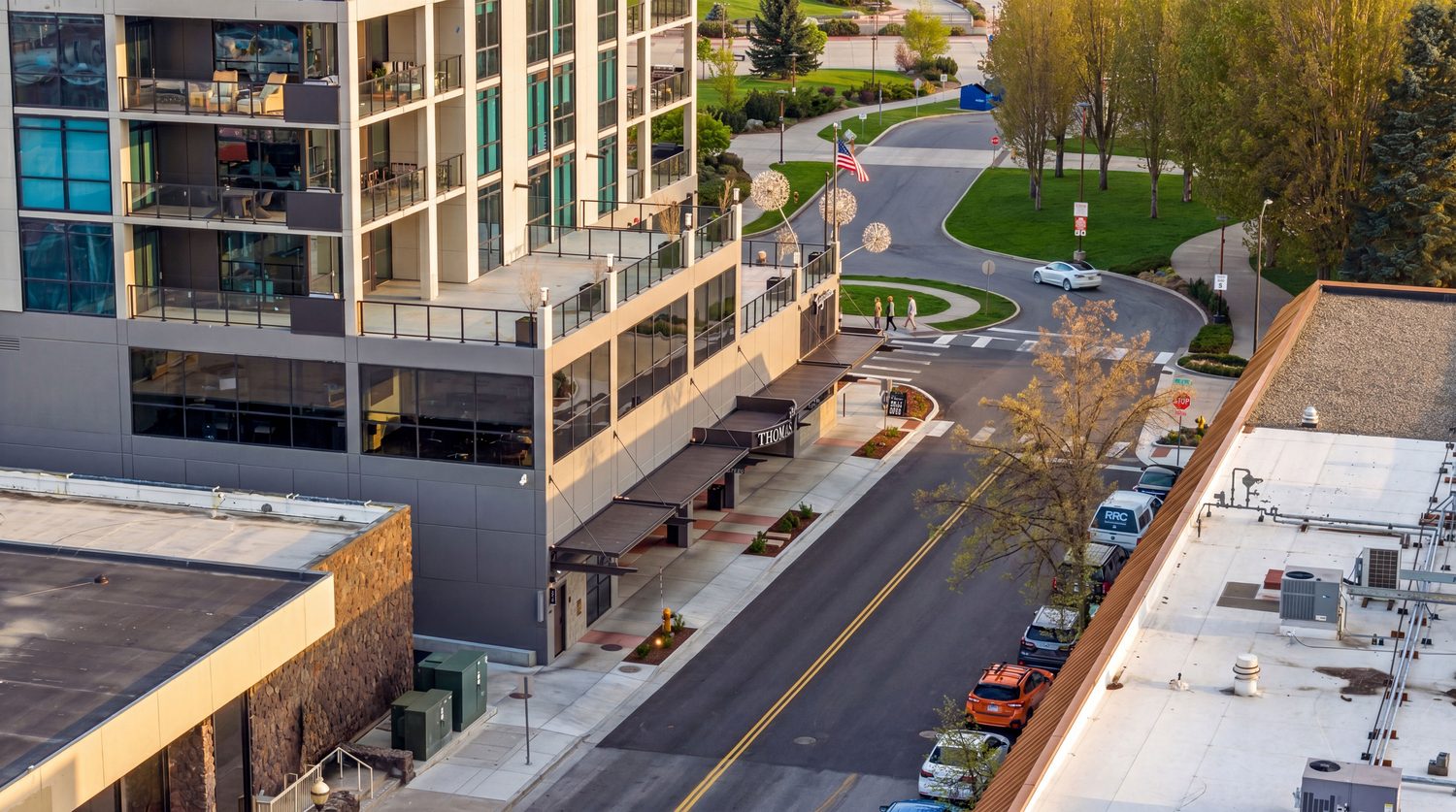 The Thomas George tower base and streetscape, downtown Coeur d'Alene